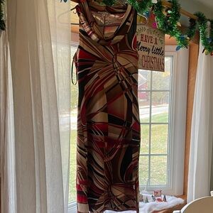 Moa Moa Red and Tan Geometric Midi Dress